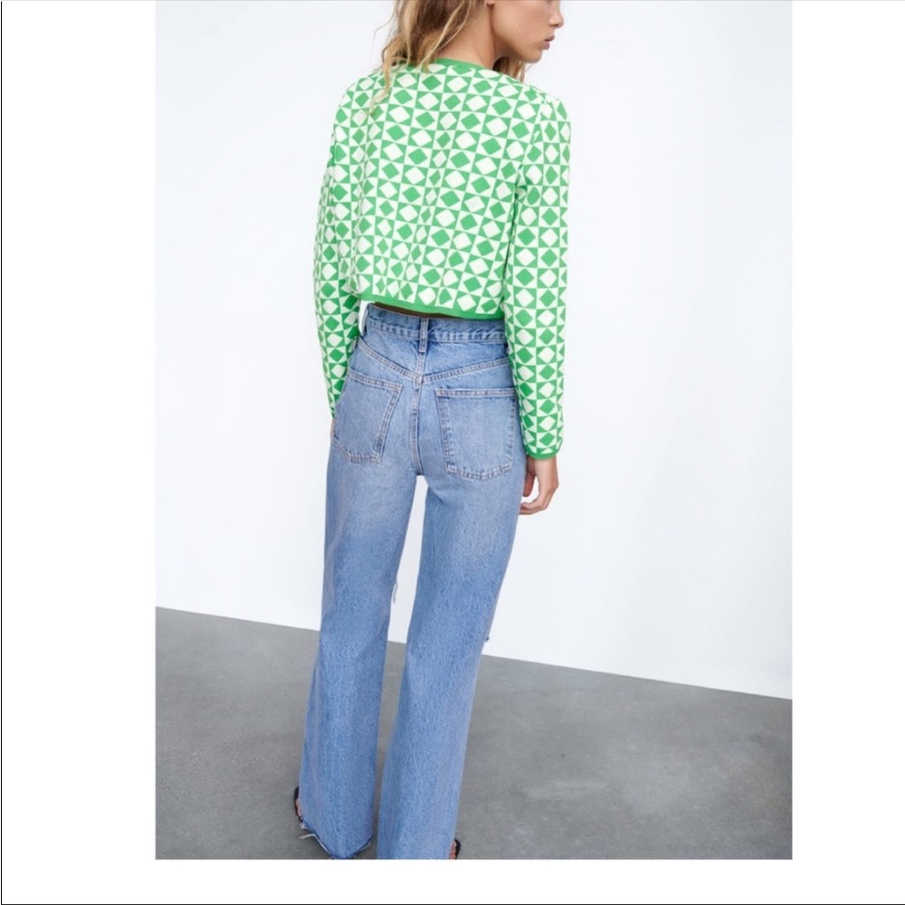 Zara Green and White Patterned Cardigan